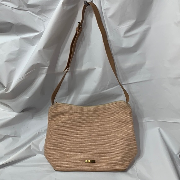 Evan Picone Beige with Tan Strap Woven Crossbody Tote - Picture 1 of 7